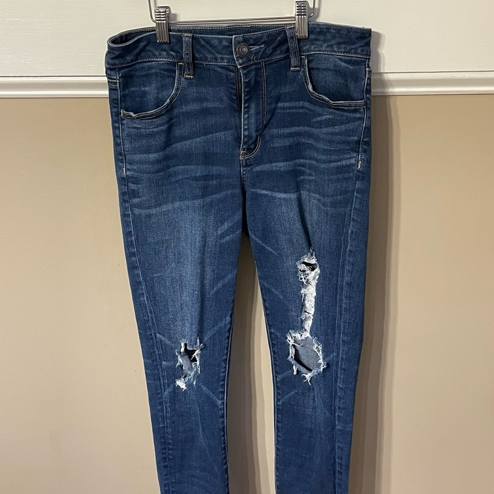 American Eagle Outfitters Blue Skinny Jeans with Distressed Details